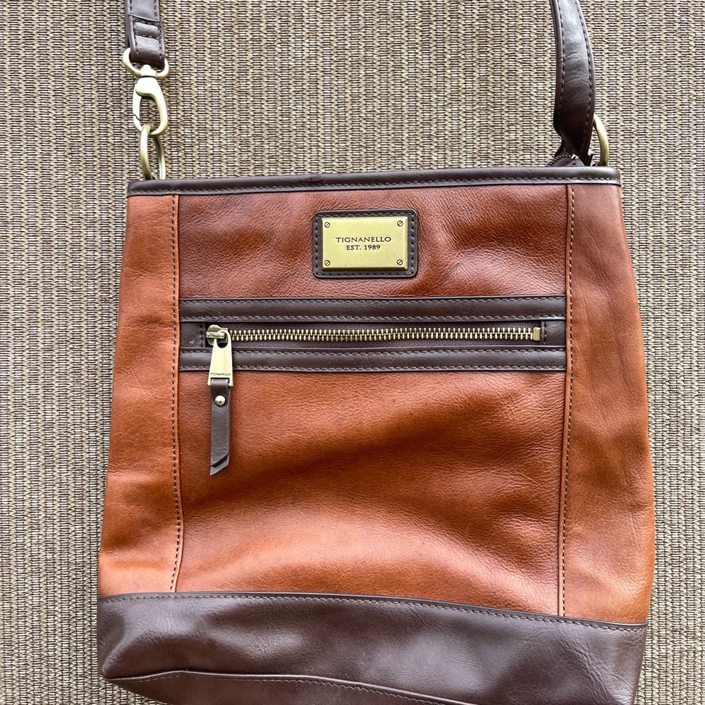 Tignanello Brown Leather Crossbody Bag Multi Zip Pocket - Picture 4 of 14